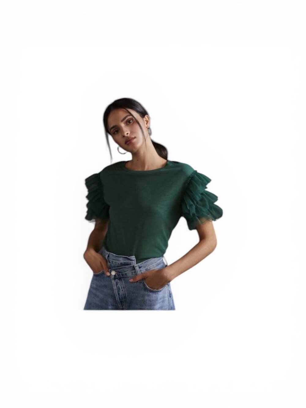 Anthropologie Green Lea & Viola Ruffle Tulle Sleeve Top  - Size M